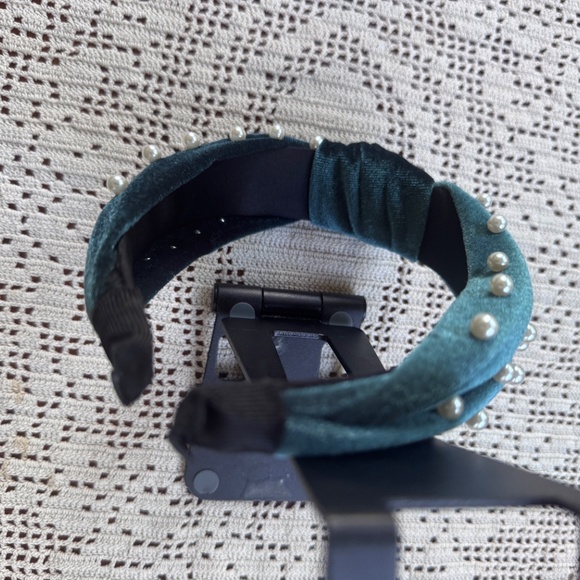 New Headband, Green Velvet with Pearls, Handmade